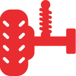 Mechanical emblem in red and black contrast.